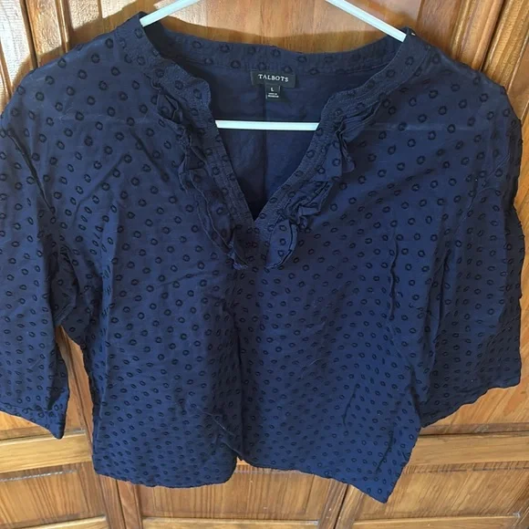 Talbots Midnight Blue Textured Top with Ruffles - Picture 3 of 6